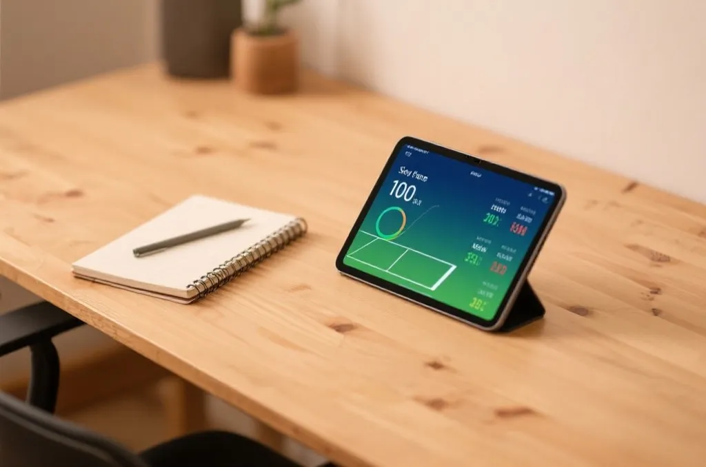 A clean wooden desk with a tablet displaying generic tennis statistics and a notebook next to it